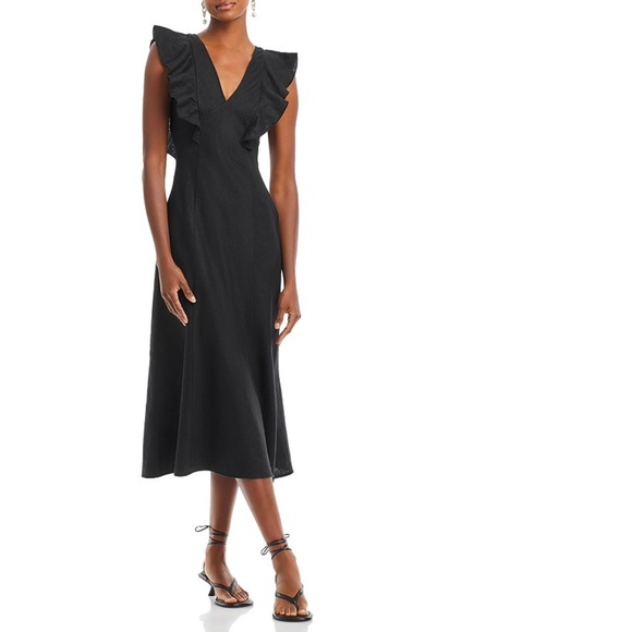 NEW RAILS Black CONSTANCE Linen FLUTTER SLEEVE Lace-up Back MIDI DRESS M - Picture 3 of 16